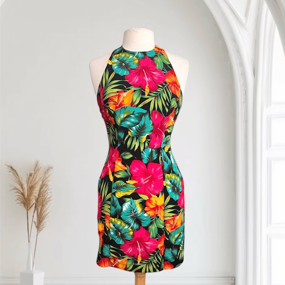 La Belle Vintage Dress Tropical Floral Mini Halter S Small M Medium